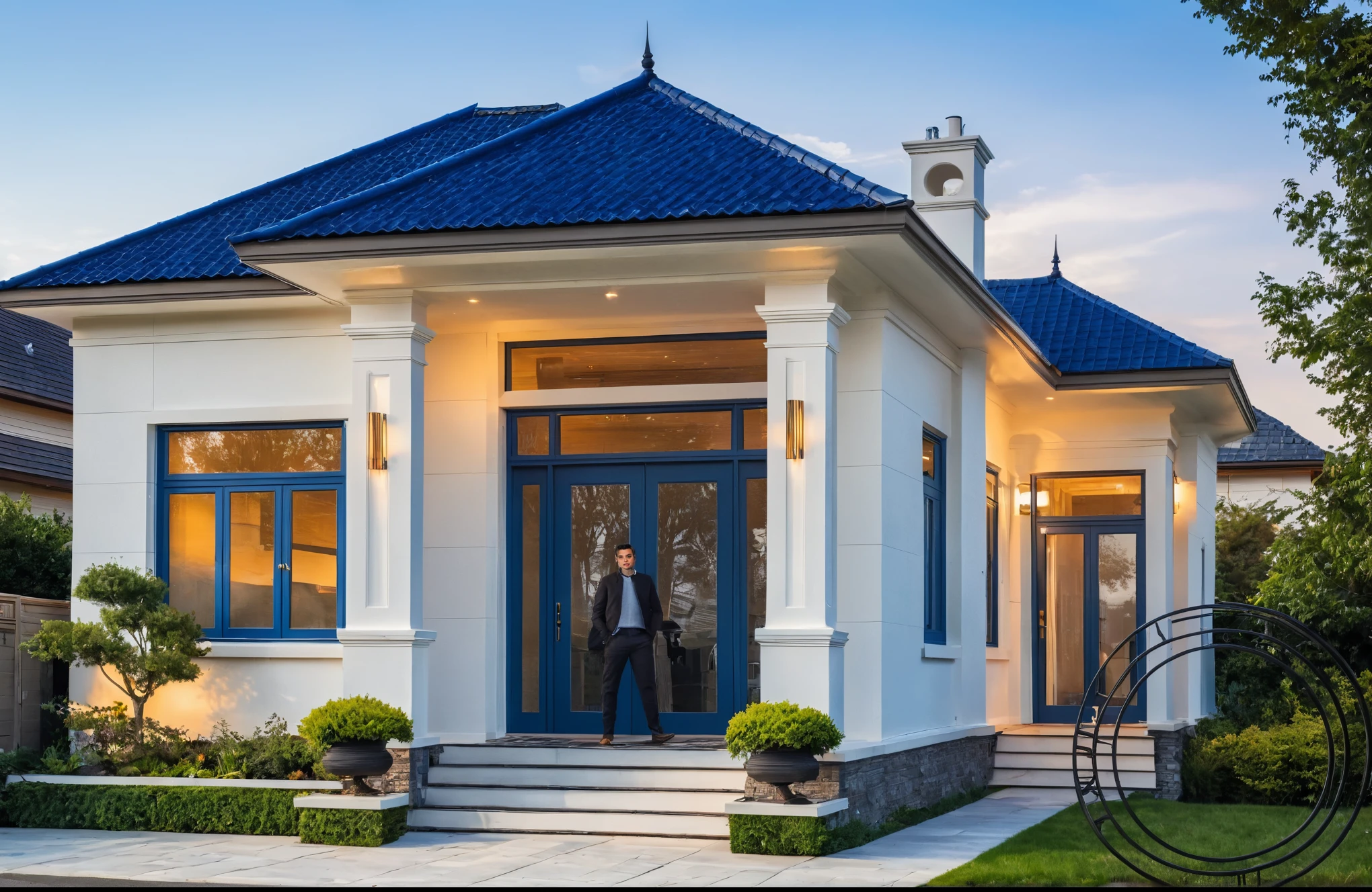 (masterpiece:1.2), best quality, photo of A two-story modern house with white walls and dark blue tiles on the roof., tree and plant, streetcapes, natural light, vivid color, The exterior of an elegant single family home features large windows, a dark gray door frame.