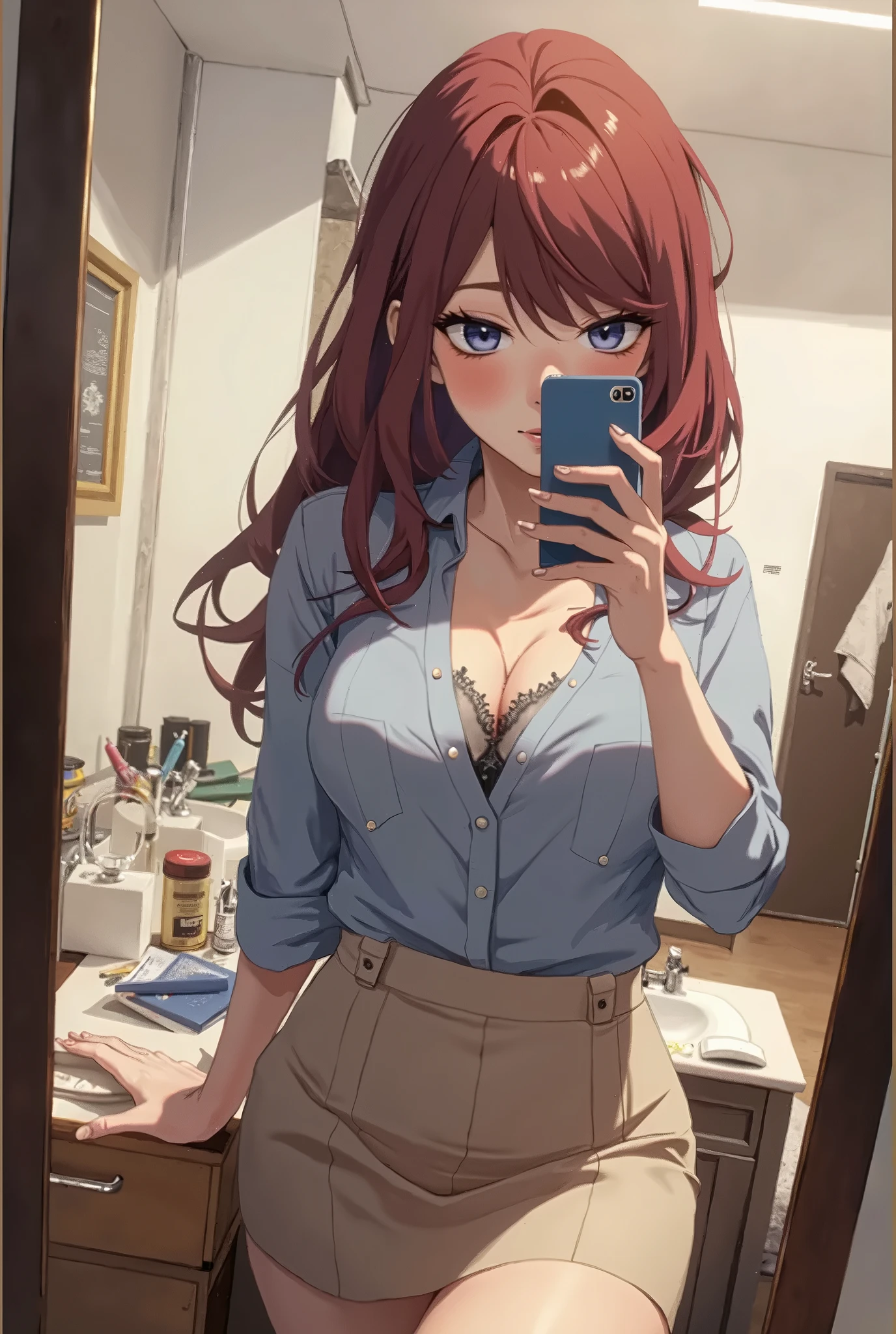 a red headed girl looking in mirror of phone while in bathtub, mirror, sink, 1girl, selfie, nipples, breasts, female pov, solo, bathroom, phone, long hair, sweater, reflection, jewelry, cellphone, smartphone, holding phone, small breasts, necklace, no bra, holding