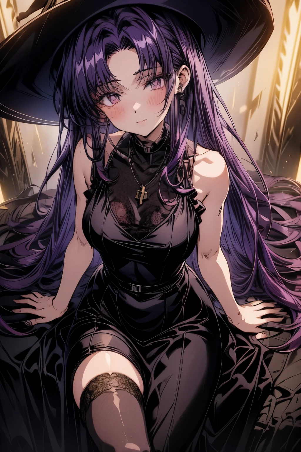 4k, HDR, full HD, Masterpiece, 1girl, (purple hair), perfect anatomy, full body, She wears a short tight black velvet dress that reaches to her thighs, it is off the shoulders, sleeveless, she wears well detailed lace gloves. Her lips are painted a deep red, and her eyes are framed with dark, dramatic makeup. Her legs are covered in bandages and she wears a small witch's hat tilted on her head. Her hair, curly and messy, cascades over her shoulders. She is sitting crossing her legs slightly,