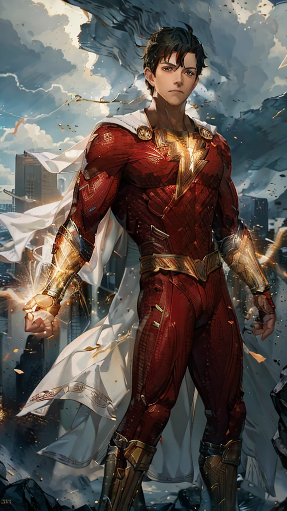 masterpiece, Billy Batson,anime,8k resolution, ultra detailed, anatomically correct ,high definition art,high brightness,ultra glowing light:200.0,High-quality rendering, A trail of vibrant energy, Dynamic and intense energy aura, Detailed illustrations, Masterpiece Presentation, Realistic lighting effects, Vibrant color palette, Highly detailed features,one male, young adult, large city landscape background,Thunderstorm,multiple lightning,Shazam's red Costume ,lightning energy electricity from hands:30.0,Facing forward,hand repair
