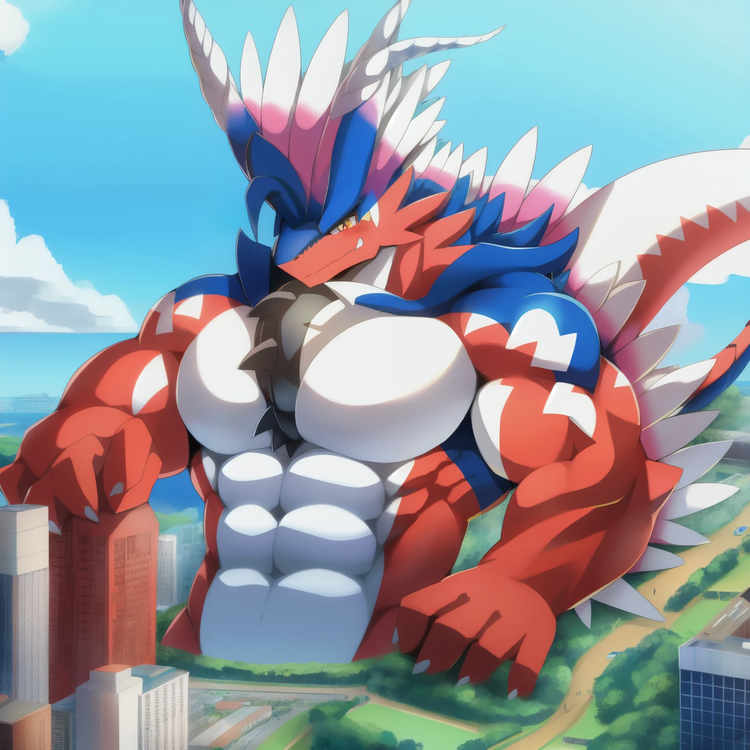 male, Humanity, kemono, Koraidon, tail, detailed eyes, topless male, Make your eyes sparkle, Big pectoral muscles, Chest Tire, macro in a miniscule city