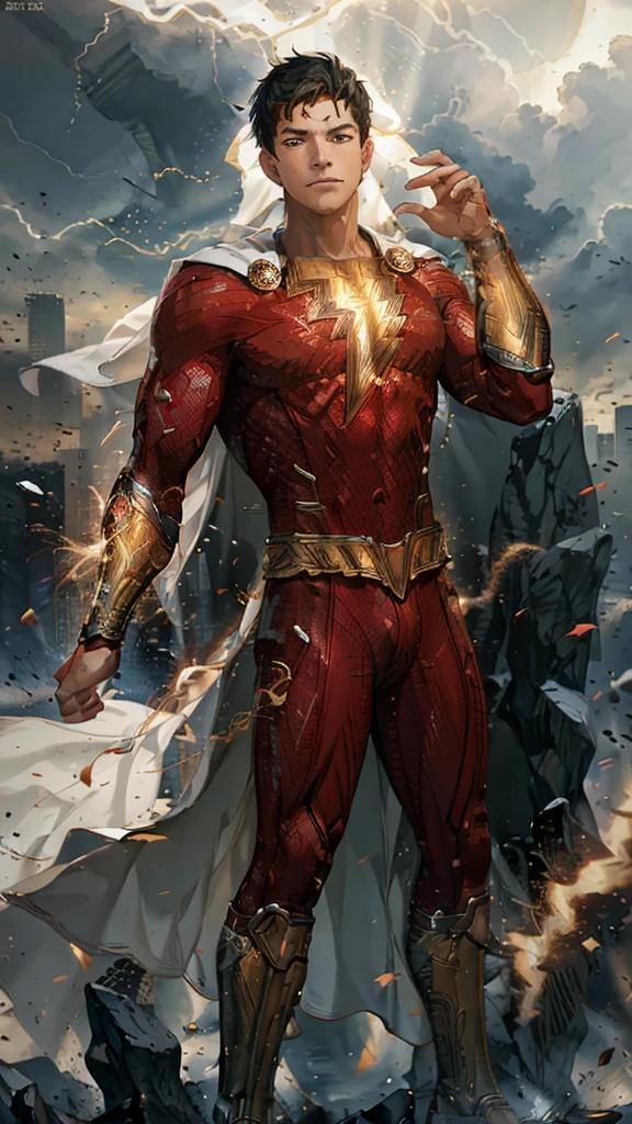 masterpiece, Billy Batson,anime,8k resolution, ultra detailed, anatomically correct ,high definition art,high brightness,ultra glowing light:200.0,High-quality rendering, A trail of vibrant energy, Dynamic and intense energy aura, Detailed illustrations, Masterpiece Presentation, Realistic lighting effects, Vibrant color palette, Highly detailed features,one male, young adult, large city landscape background,Thunderstorm,multiple lightning,Shazam's red Costume ,lightning energy electricity from hands:30.0,Facing forward,hand repair
