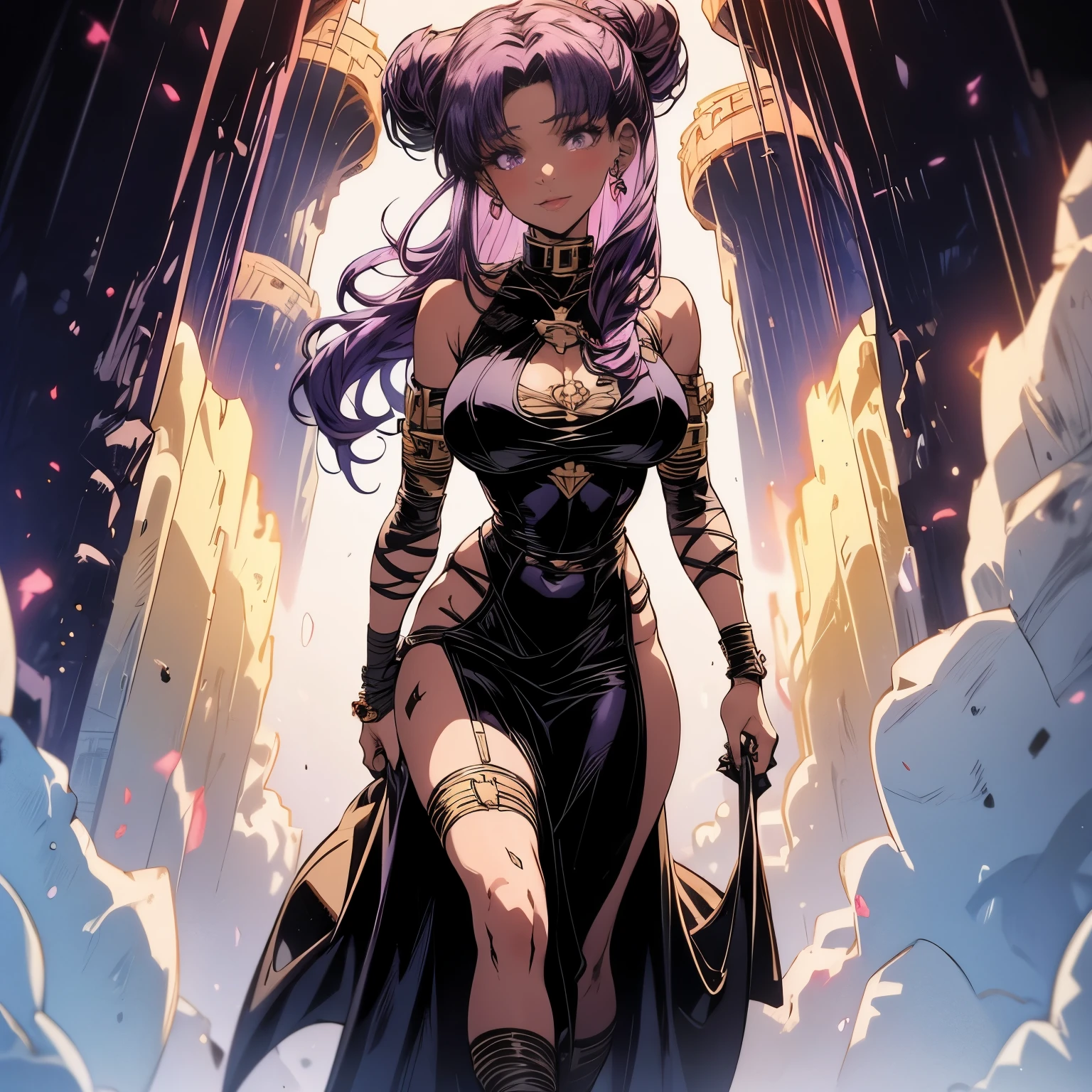 4k, HDR, full HD, Masterpiece, 1girl, (purple hair), perfect anatomy, full body, It's Halloween and she's wearing a very sensual mummy costume, the bandages fit perfectly to her body, revealing her beautiful face. Her lips are painted an intense red, and her eyes are framed with dark and dramatic makeup. The atmosphere is full of Halloween decorations, she is walking towards the front, with one hand on her waist,