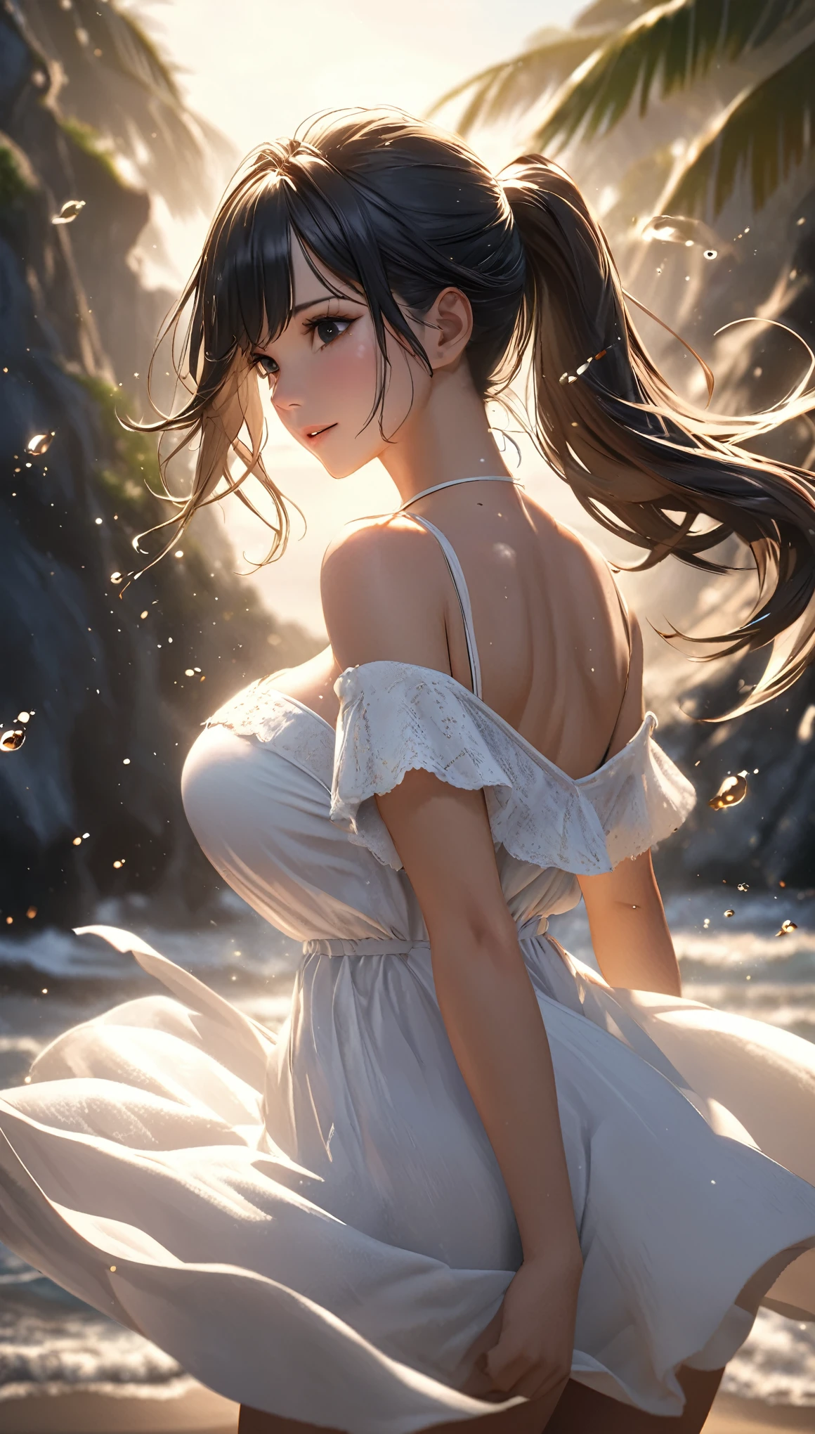 ((masterpiece)),((best quality)),((High detail)),((Realistic,)), 1 shy girl, shy expression, elegant makeup, long brown hair, seductive eyes, bright lips, sexy pose, (beautiful detailed face: 1.0), smiling, feminine approach, sleeveless T-shirt, tight top, white top, sensual cleavage, big breasts, pointed breasts, (perfect body), prominent nipples, bare abdomen, wind blowing, purple panties, standing and looking at the sky, sunset in the city, tight clothes,