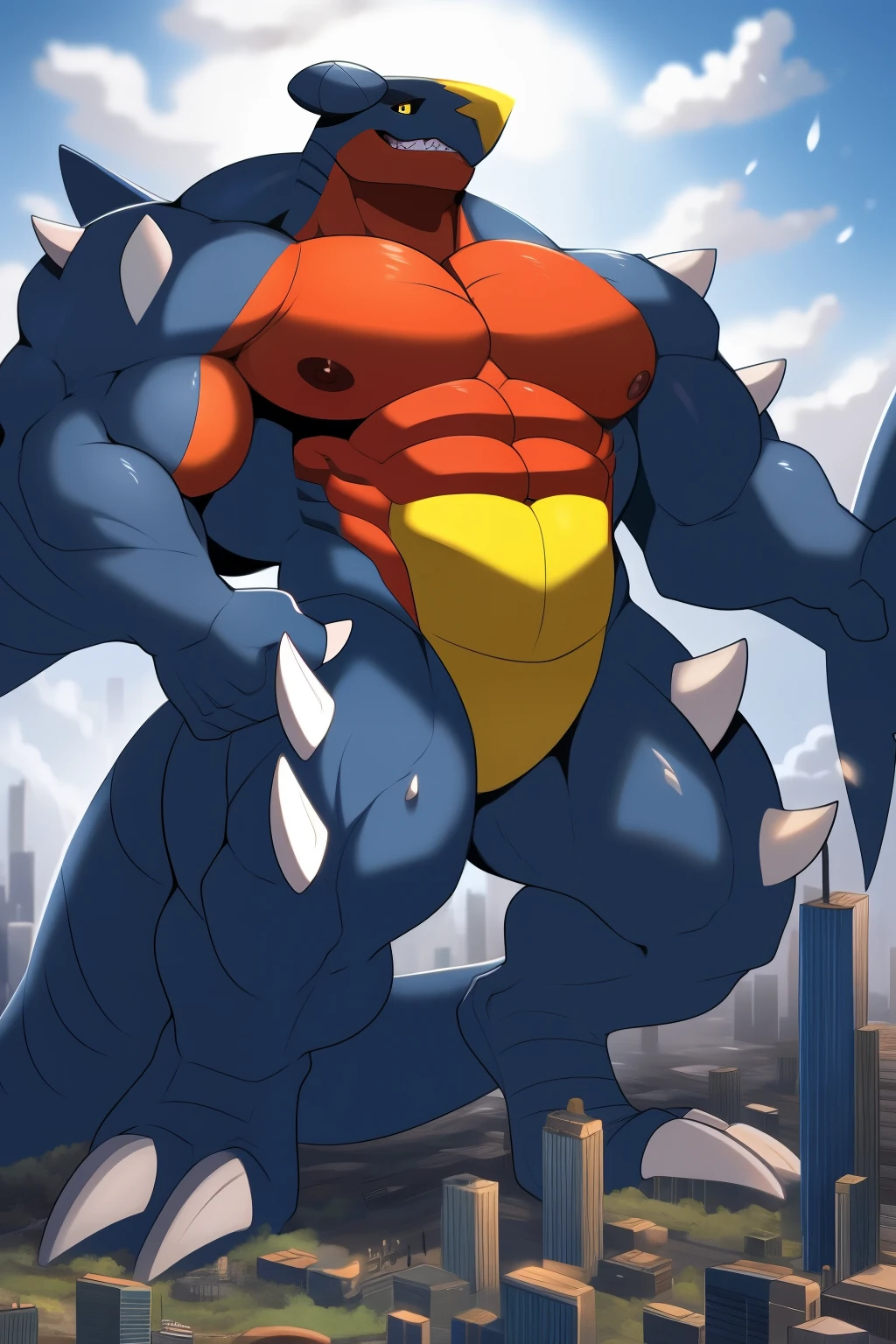 author: Takemoto Arashi, (1 boy), One, Garchomp,  Men, second test, big body, pectoralis major muscles, big bodyсложение,  Beautiful, sexual, Attractive guy, (detailed  глаза), brows, teeth, (masterpiece, High resolution, high quality), 4K, Beautiful shadow, pectoral muscles, nipples, pants, macro in a miniscule city