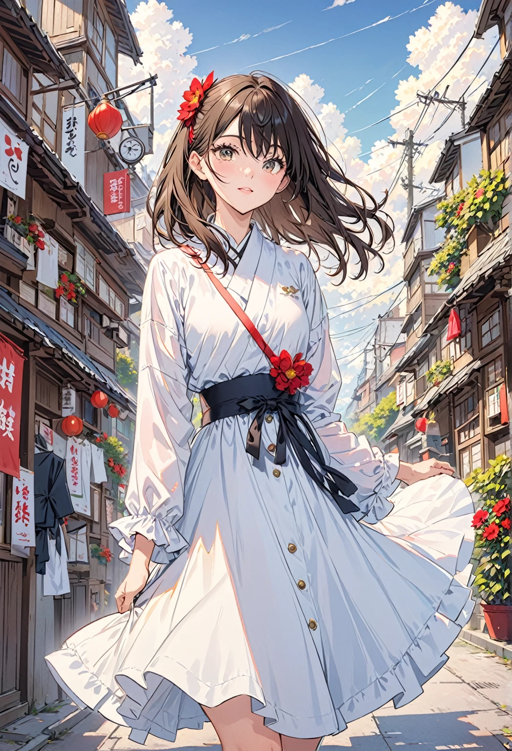 best quality, high_resolution, distinct_image, detailed background ,girl, random wear,flower, lain,dutch angle, wet, hanbok dress, waist apron,