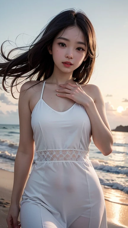 masterpiece、top-quality、1 beautiful girl、年轻、shores、Against the background of the sea、blur backgroun、swim wears、