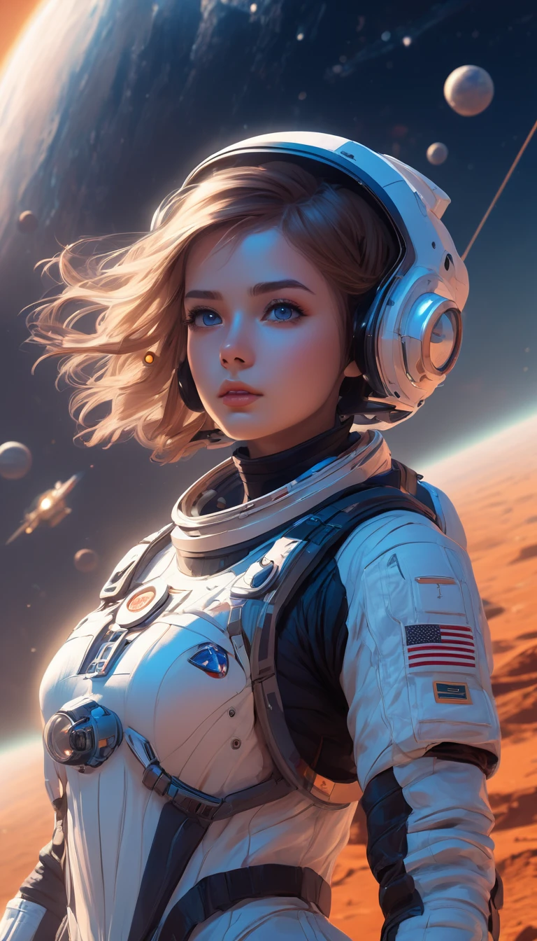 1girl, female astronaut, sci-fi, science fiction, extremely detailed piercing eyes, hero view, action pose, cinematic scene, scenery, detailed background, masterpiece, best quality, high quality, highres, absurdres, very detailed, high resolution, sharp, sharp image, 8k, vivid, colorful 