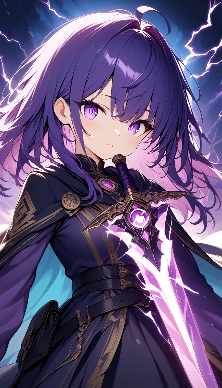 masterpieceThe best quality, Highly detailed CG Unity 8k wallpaper, Purple sword imbued with lightning. It is made with great precision. Very precise, High resolution, sharp, Glowing Sword. He is looking at you with big eyes and sharp eyes. wear . The sword glows purple.、It gives off an evil vibe. Three-dimensional illustrations with a sense of depth.