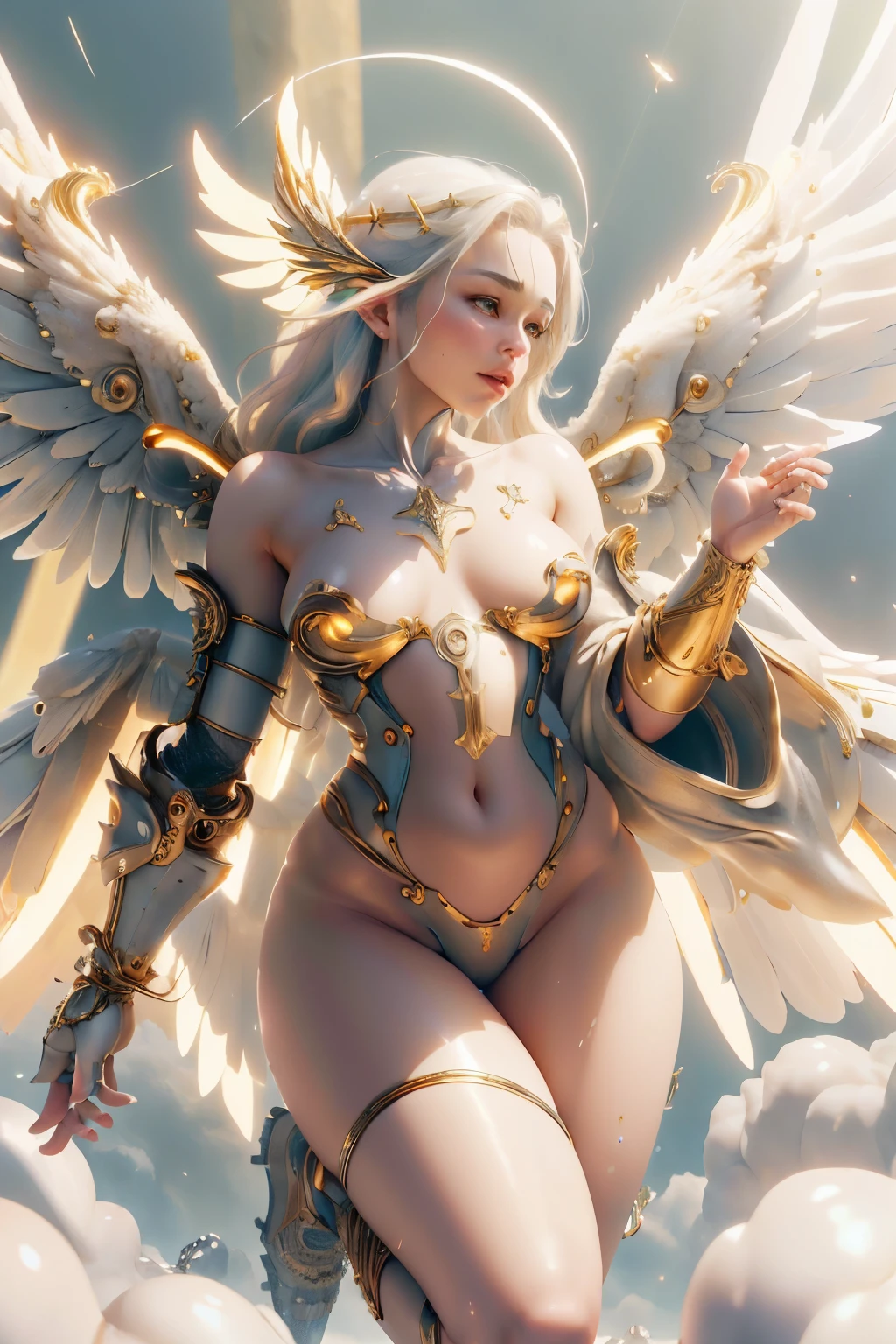 Lunar goddess Zelda with Angel Wing wings, with a fully detailed fit body, full detailed face, detailed Eyes, detailed mouth, beautiful covered natural breasts, sexy Make-Up, shy and seductive look, long spreaded legs, realistic style, narrow hips, pretty face, perfect lightning, detailed hair, detailed background, wearing a negligee with lace, wearing Stockings and High heels, getting POV fucked 