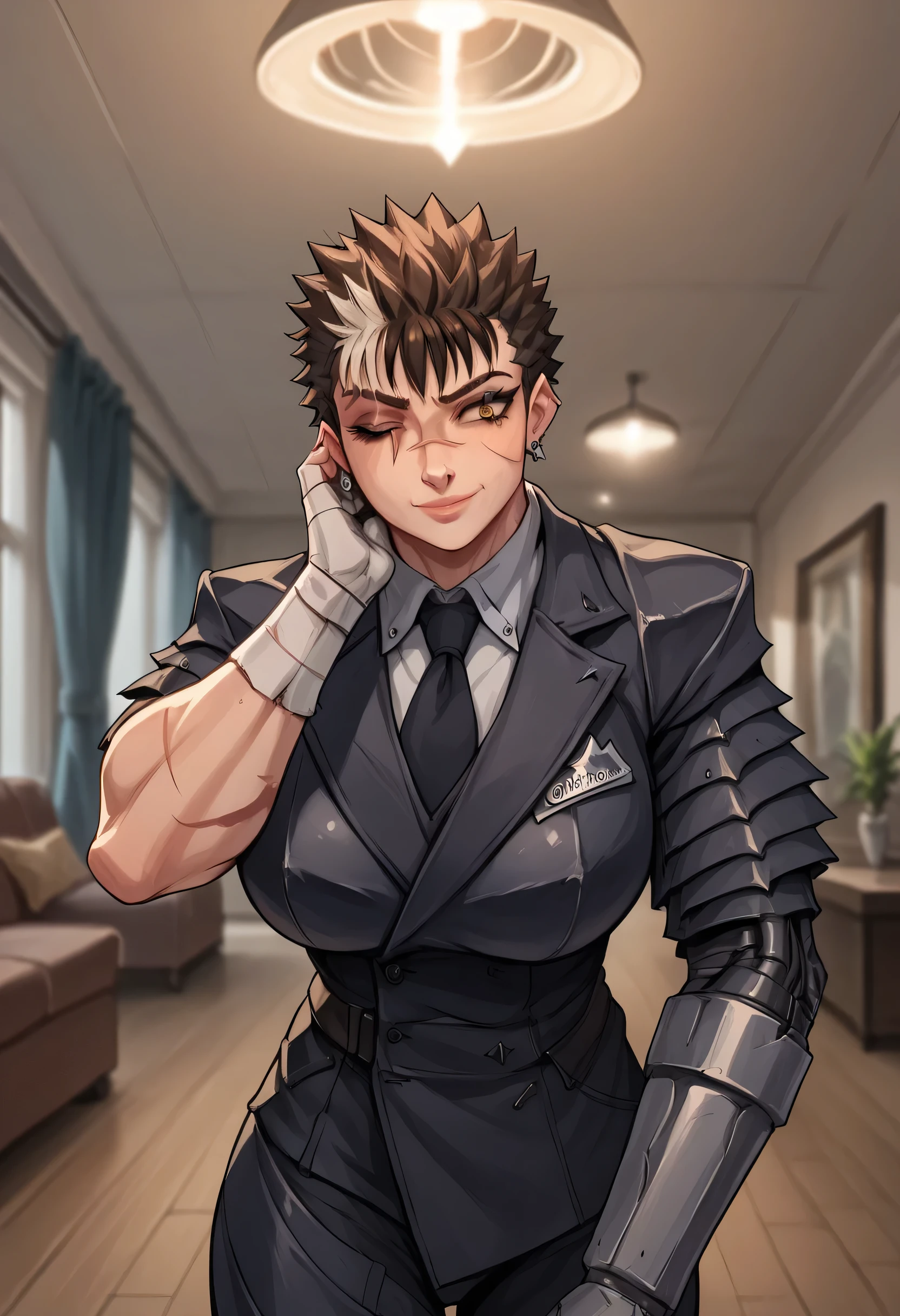 Guts_Armor, brown eyes, short hair, multicolored hair, spiked hair,scar on nose, one eye closed, muscular female, face female, tomboy,formal, jewelry, suit, necktie, earrings, jacket, shirt, standing, hand on with a smile on his face, inside home, huge breasts,