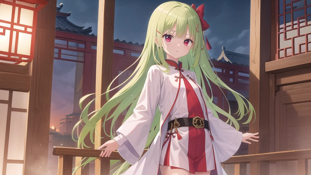 ((masterpiece)),(),Official Art,Extremely detailed CG,Unity 8K Wallpaper,Very detailed,Beautiful and delicate eyes,Very detailed的面部1 名女孩,solitary,,(whole body:1.5),(small:1.3),Murasame,Very long hair,Green Hair,Face up,Purple bow,Hairpin,Sidechain,Bangs,Red Eyes,Neck strap,Red belt,Chinese elegant style，Long-sleeved white robe，White long coat，White trousers，Jiangnan after the rain，Dawn，The blue sky is waiting for the drizzle