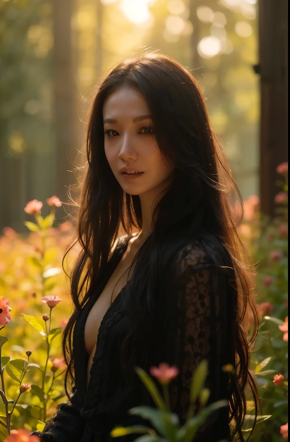 ((best quality, 8k,, Clear face focus :, Black leather suit with dark red tie, dark blue, white and dark black. ,) Long hair blows up in the wind.,) White tattoo 25 years.Big breasts bouncing and overflowing.,) perfect body beauty:1.4. In front of the camera. More intimate. clearer than this, There is an old, thatched hut.,) There are red, yellow, pink flowers.,around,) The sunlight shines in the evening.,) Full Body°, Highly detailed faces and textures, Detailed eyes, alone, Realistic photos:1.37 .. The fine texture of the tattooed skin.. hand tattoo. breasts tattoo , Shot with a high quality Fuji camera., Color light 45.,000,000 pixels ,)) Too realistic,)