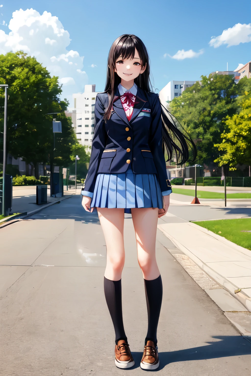 ((Best Quality, 8k, Masterpiece: 1.3)), 1girl,Highly Detailed Face and Skin Texture, Detailed Eyes,(Komi Shouko),undersized clothes, midriff,(masterpiece, best quality:1.4),high quality, highly detailed,detailed,perfect,wide_shot,dingy,dim lightning,dramatic lightning,Full Body, Focus Sharp: 1.2, Outstanding Beauty: 1.4, ,tall girl,komi-san wa komyushou desu, ks school uniform, blue jacket, white shirt, striped bowtie, red skirt, black pantyhose, looking at viewer, , (Night City, Street: 1.1),