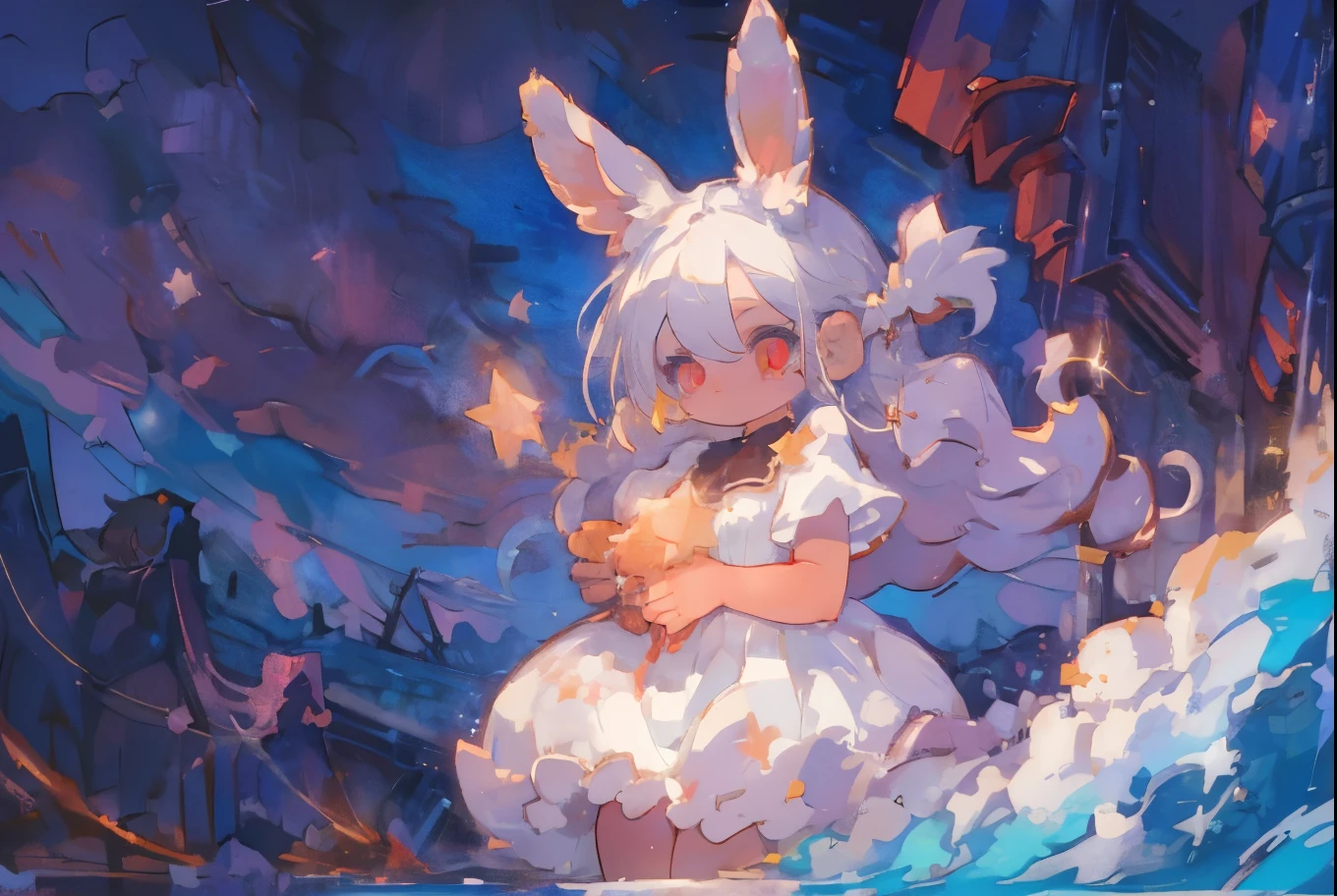 (solo:1.8),1girl\(human,cute,kawaii,small kid,age of 10,white hair,very long hair,bangs,(fluffy white rabbit ear:1.3),red eye,big eye,beautiful shiny eye,skin color white,big black hairbow,white frilled dress,breast\), BREAK ,at plaza,at night,(many beautiful twinkle stars:1.5),(colorful nebulas:1.5),shooting star,from below