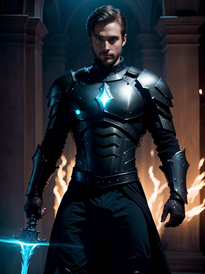 1man, A full body shot of an awe-inspiring male paladin, 30 years old，small beard, Sexy and charming expression，gloomy eyes，Blue eyes, emb3r4rmor, shirtless, wearing a embers black bodysuit, extremely masculine physique, dynamic pose, emanating potent light magic. The scene is set in a dark and mysterious cityscape, illuminated by the glow of the paladin's magic. The composition is expertly crafted, with breathtaking attention to detail and cinematic lighting. The overall aesthetic is reminiscent of Fujifilm photography, capturing the beauty and depth of the scene