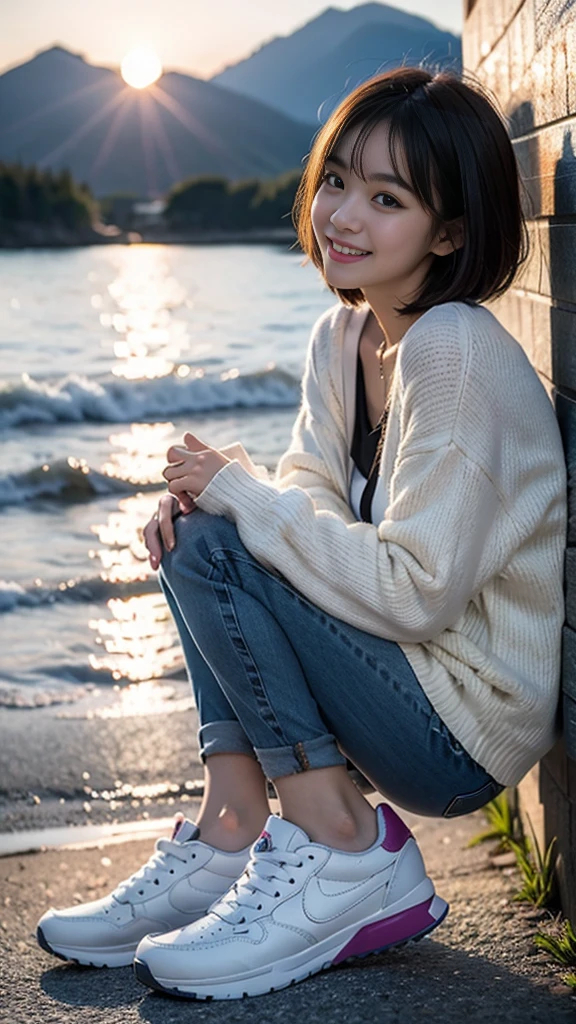 masterpiece, Ultra-high resolution, 4K, Best Quality, 1 person, ((whole body)), Beautiful and exquisite face, Beautiful, smooth skin, Skin Texture, 1, Baby Face, smile, Mountain,sea, Sunset,sneakers, Denim pants, Blue cardigan, Purple Hair, Bobcut, I got a perm