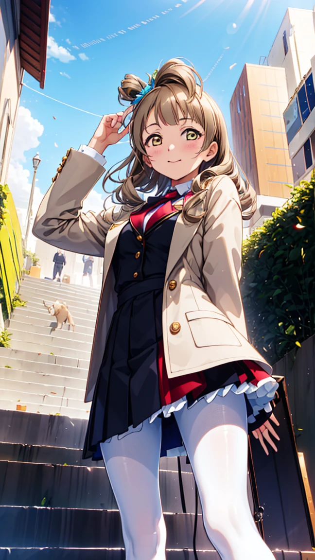 Masterpiece,  Minami Kotori, very curly hair,  very tiny miniskirt,  blue pantyhose crotch,  candid upskirt,  shoes,  sun shiny day 