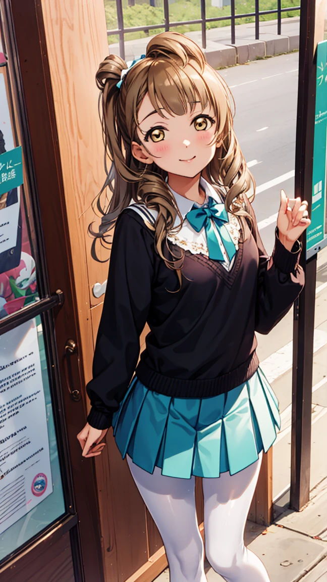 Masterpiece,  Minami Kotori, very curly hair,  very tiny miniskirt,  blue pantyhose crotch,  candid upskirt,  shoes,  sun shiny day 