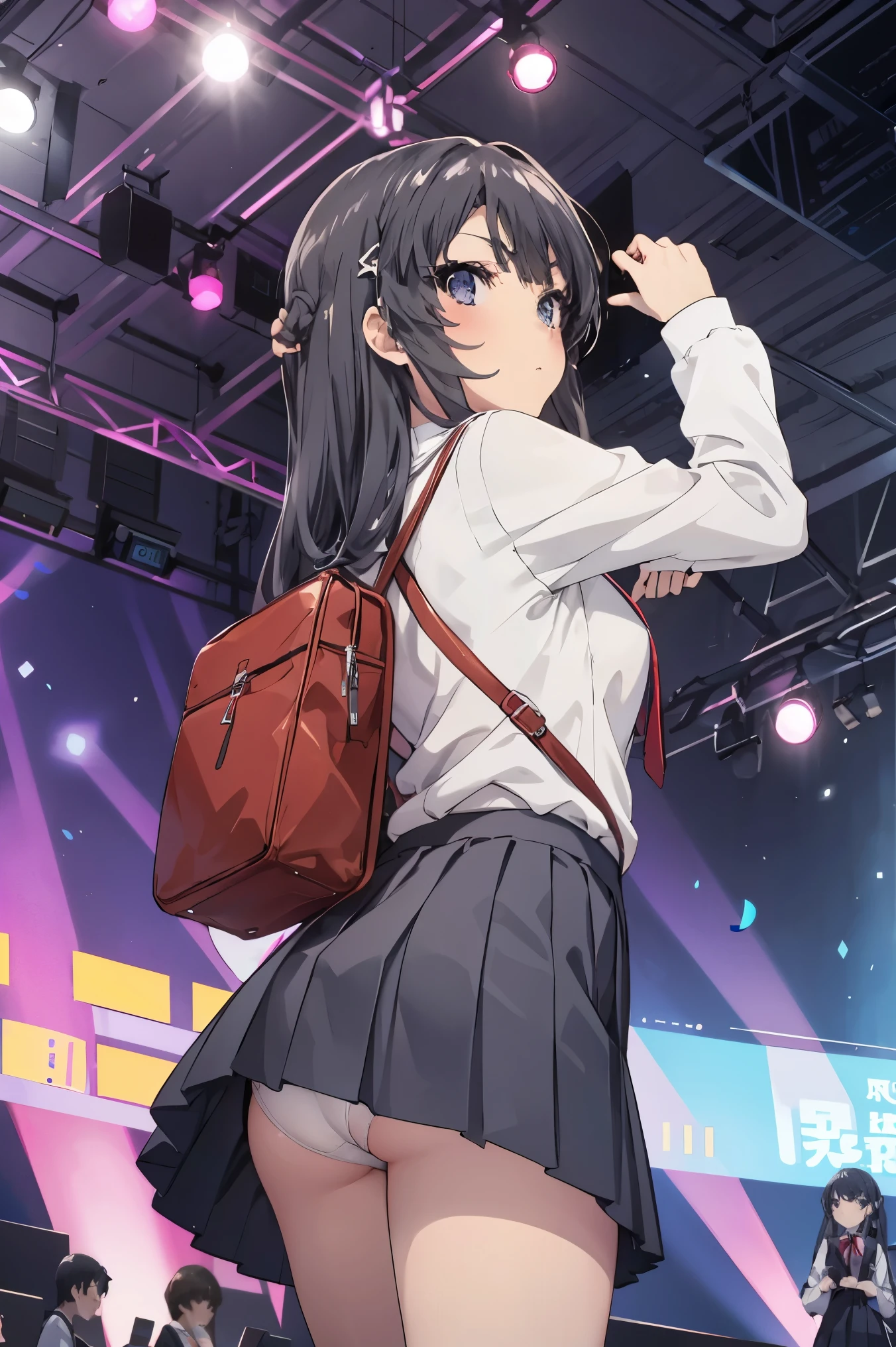 (The viewer is below her, looking up.)、(I can see her white panties)、animese anime girl in skirt and blouse with suitcase walking up the stage, One girl, stage, skirt, Long Hair, Mai Sakurajima, View your viewers, Looking Back, bag, Alone, grey skirt, uniform, pleated skirt,stageを上る, From behind, , Long sleeve, bangs, school bag,((Low Angle)),Place your hands behind your back.