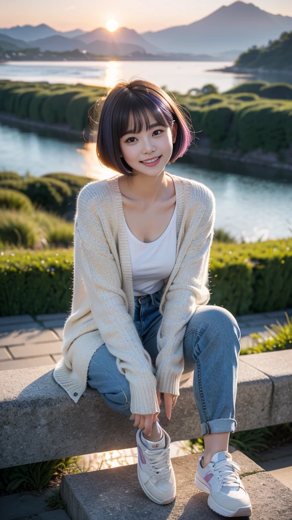 masterpiece, Ultra-high resolution, 4K, Best Quality, 1 person, ((whole body)), Beautiful and exquisite face, Beautiful, smooth skin, Skin Texture, 1, , smile, Mountain,sea, Sunset,sneakers, Denim pants, Blue cardigan, Purple Hair, Bobcut, I got a perm