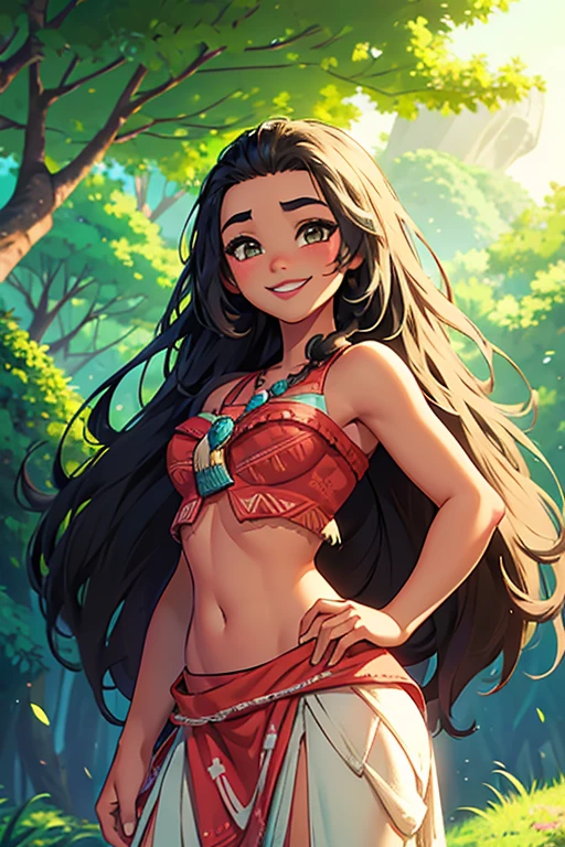 Smiling cheerful Disney's Moana with very long down loose hair down to her hips in the forest 