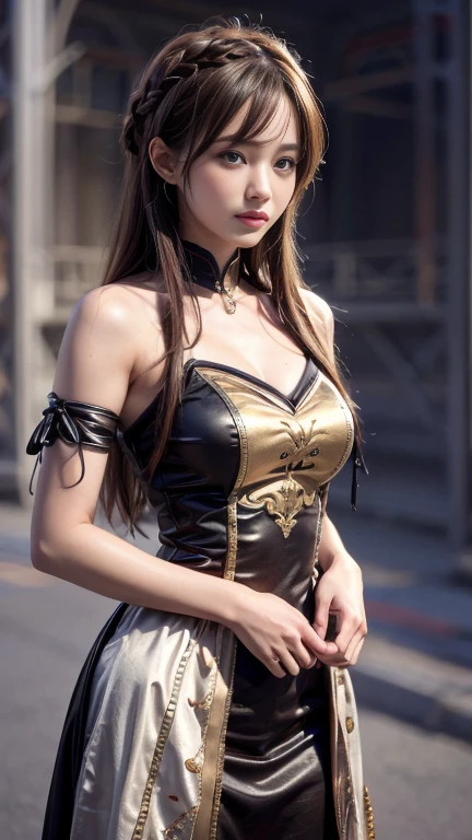(masterpiece:1.3), (Realistic:1.37), Cinema Lighting, highest quality, High resolution, Super detailed, (Fashion Model, 25 talents), (Light and dark makeup [[Pink lipstick]], eyeliner:1.3), ((Displaying the viewer)), (Small breasts and beautiful breasts:1.22), (Tight waist:1.3), Medium sized butt, Beautiful cheekbones, (Slim Belly: 1.3), (Very slim, Muscular body:1.2), ((Highly detailed face)), ((Very fine eye)), Attention to detail, double eyelid, Wear off-the-shoulder tops, ((Light Black Medium (サイドスイープバンVery detailedな)), ( ((Brown eyes)) ), 16k, 超High resolution, Very detailed, Volumetric lighting, Very thin, thinウエスト, thin, ((Big cut: 1.17)), ((Spectacular bodysuit with extremely elaborate design:1.4)), ((highest qualityの素材, Great cut, Excellent craftsmanship)), (Rich with decorative embroidery:1.43), (White Epic Race:1.43), ((Silk skirt, (Small skirt:1.21), No underwear on、 Curvy)),Sexy thighs、 (((Short skirt, Wrap around your waist))), ((Dynamic pose)), walk, running、((Big eyes and a well-proportioned face))、（（Cute Smile、Sexy pose））、（Dress for Battle。Holds a large sword）,