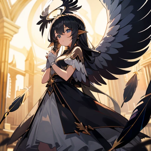 1 Girl, Girl, Angel girl, Black Angel, ((Black Angel Feather Wing: 1.5)), Black feather dress, ((Angel Ring)), Black Hair, Long Hair, Blue Eyes, cool, Archangel, Golden Light, Sacred