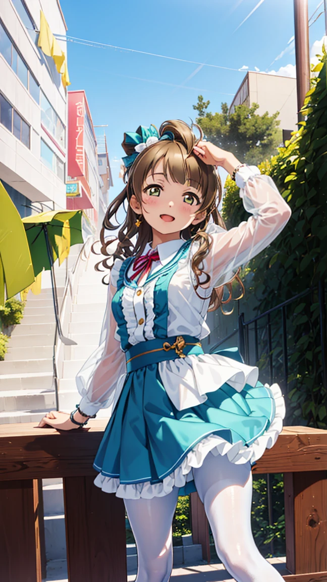 Masterpiece,  Minami Kotori, very curly hair,  very tiny miniskirt,  blue pantyhose crotch,  open  legs, shoes,  sun shiny day 