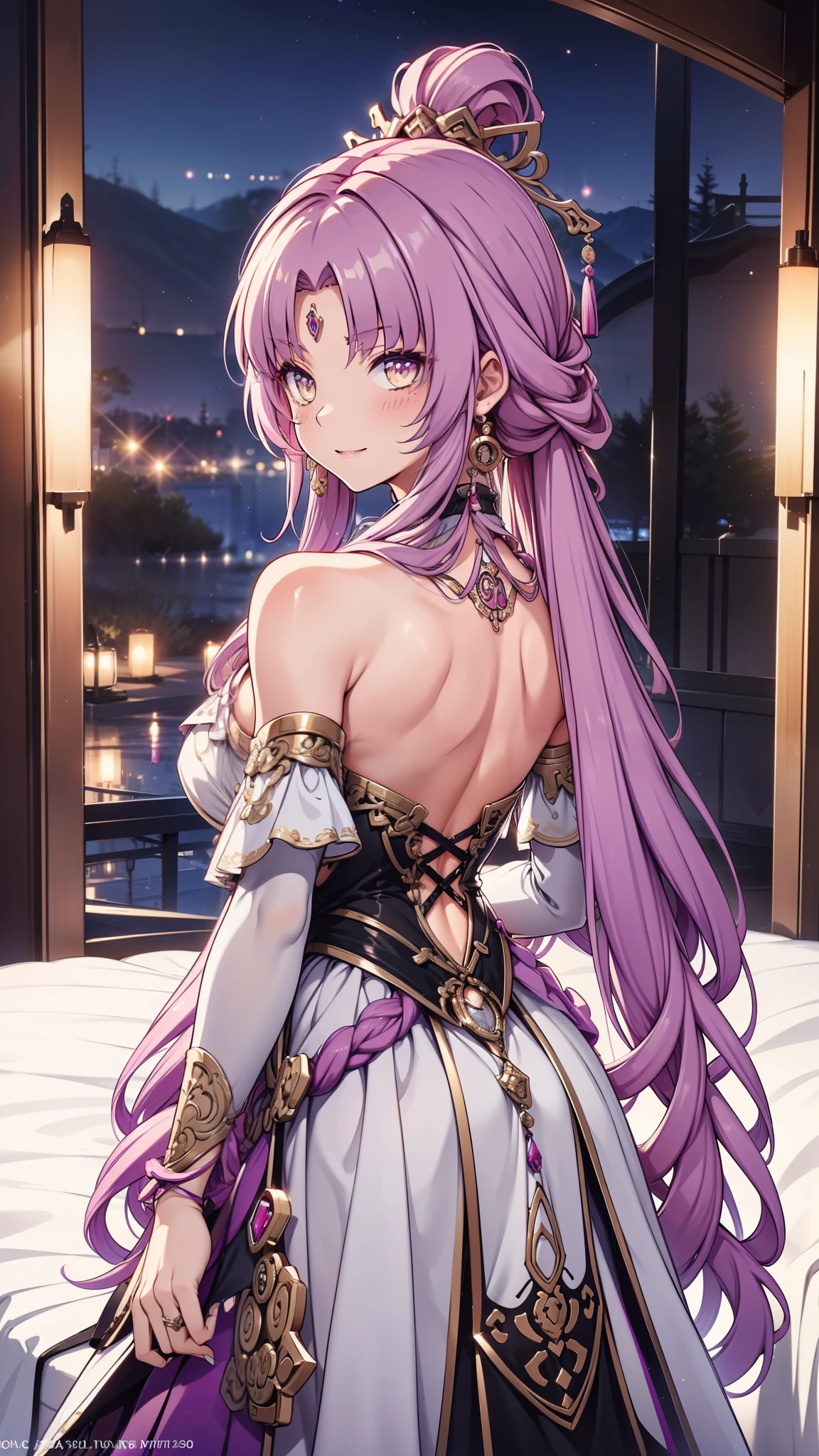 Wear a modern transparent dress，Elegant and noble，Well-designed clothing，Dress nicely，Pink Long Wavy Hair，Modern Goddess，Sophisticated modern clothing，review，Back tattoo，night，She appeared in the bedroom of a luxury hotel，Seductive pose，8k，high resolution，blush，fuxuan