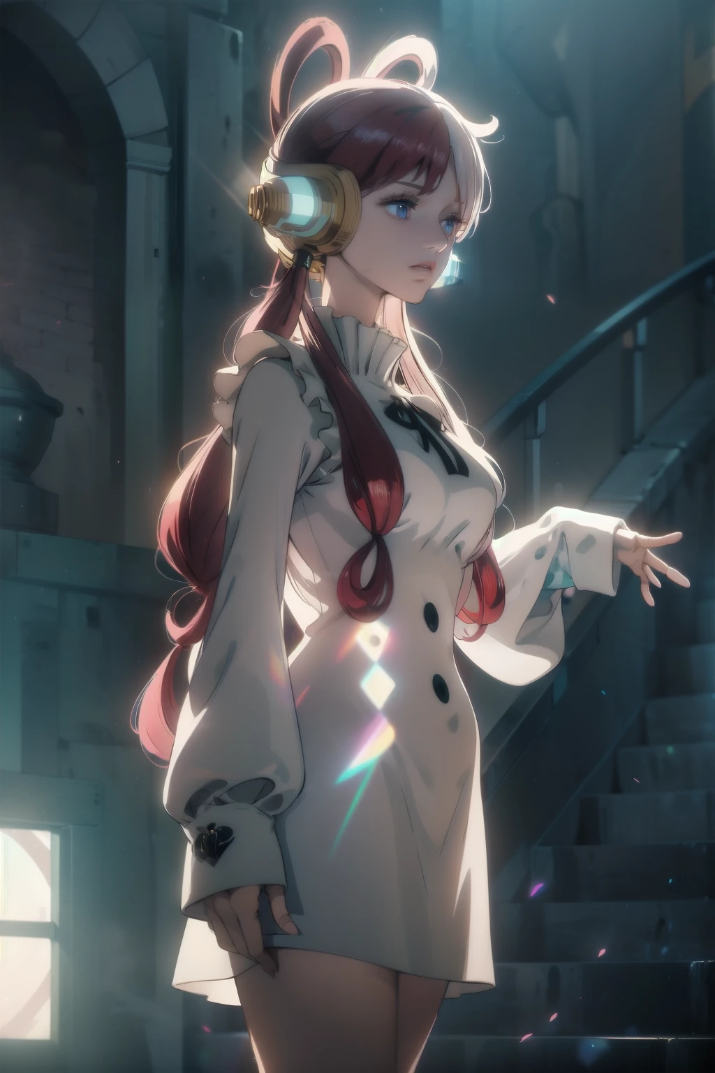 Uta stands confidently in the foreground, a vibrant figure with long, flowing hair that is half-white and half-pink, styled in twin ponytails. Her wide, expressive eyes—one blue and one red—glisten with energy and passion. She wears a white, asymmetrical outfit, combining modern and fantasy elements with her distinctive large sleeves, accented with golden musical notes. Her left sleeve is blue, and her right sleeve is black. Large, red headphones rest over her ears, contrasting against her youthful, rebellious appearance. The background is muted and soft, with a hazy, pastel gradient, allowing Uta to stand out. Subtle musical notes float around her, faintly glowing, as if the air itself hums with her song. The atmosphere feels tranquil yet charged with her artistic power, highlighting her as the central focus.