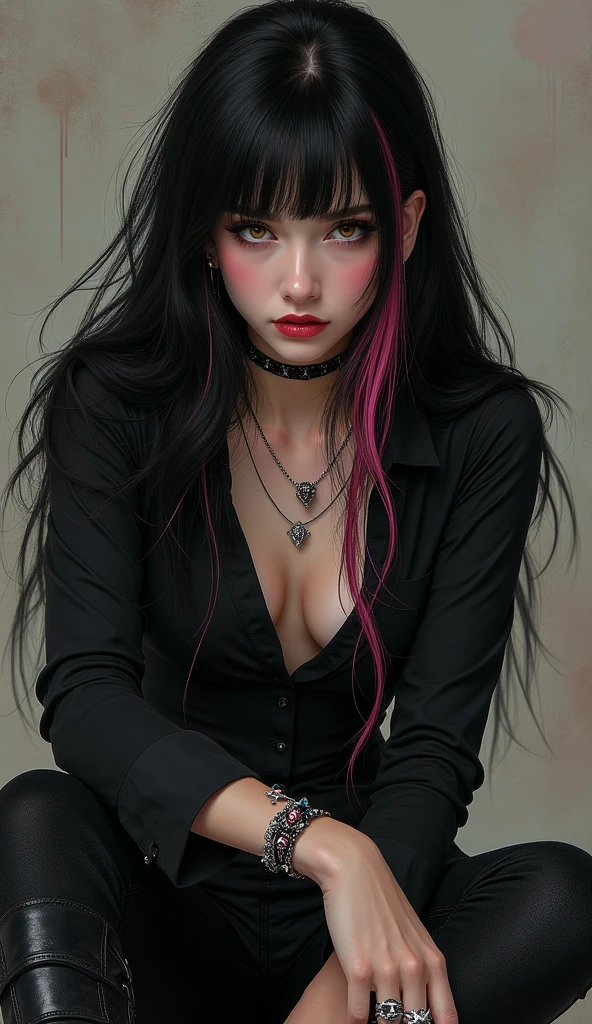 ((best quality: 0.8)), ((masterpiece)), (detailed), 1girl, beautiful face, long, brown, wavy hair, short black dress with long sleeves, black and gray striped socks, black boots , passionate lips, light blush, big breasts, beautiful red eyes, fair skin, skull tattoo, beautiful smile, (glowing eyes: 1.4), (blood face), NSFW