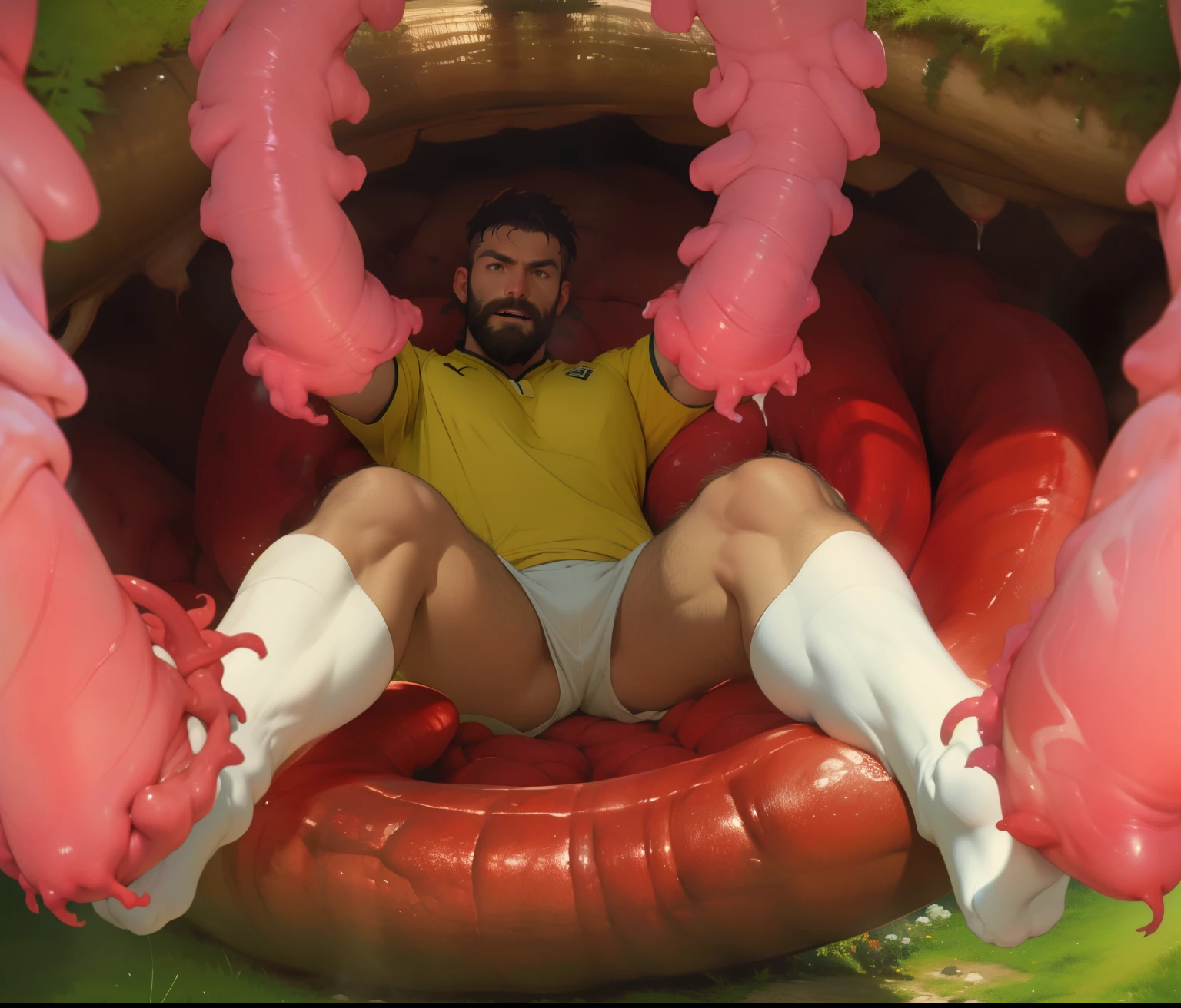 white male 40yo hairy handsome soccer player is swallowed by a giant worm monster, he is yelling in pleasure while becoming sexual food to his predator, interspecies, vore, wet, digestion, inside creature, beard, being swallowed, from above, coil, soccer player, underwear, yellow clothes, dilf, excessive cum, mucus, being swallowed, tattoos, bro, he is being engulfed by a mouth, white socks, claws, dirty sweaty socks, sweaty, wet, cum all over body, hairy body, logo socks, tentacles wrapping body, hardcore vore, digestive acids, maw, muscular athletic body, looking at viewer, gym background, giant tongue, wet body, saliva, volumetric lighting, maw, giant worm body, gym shoes