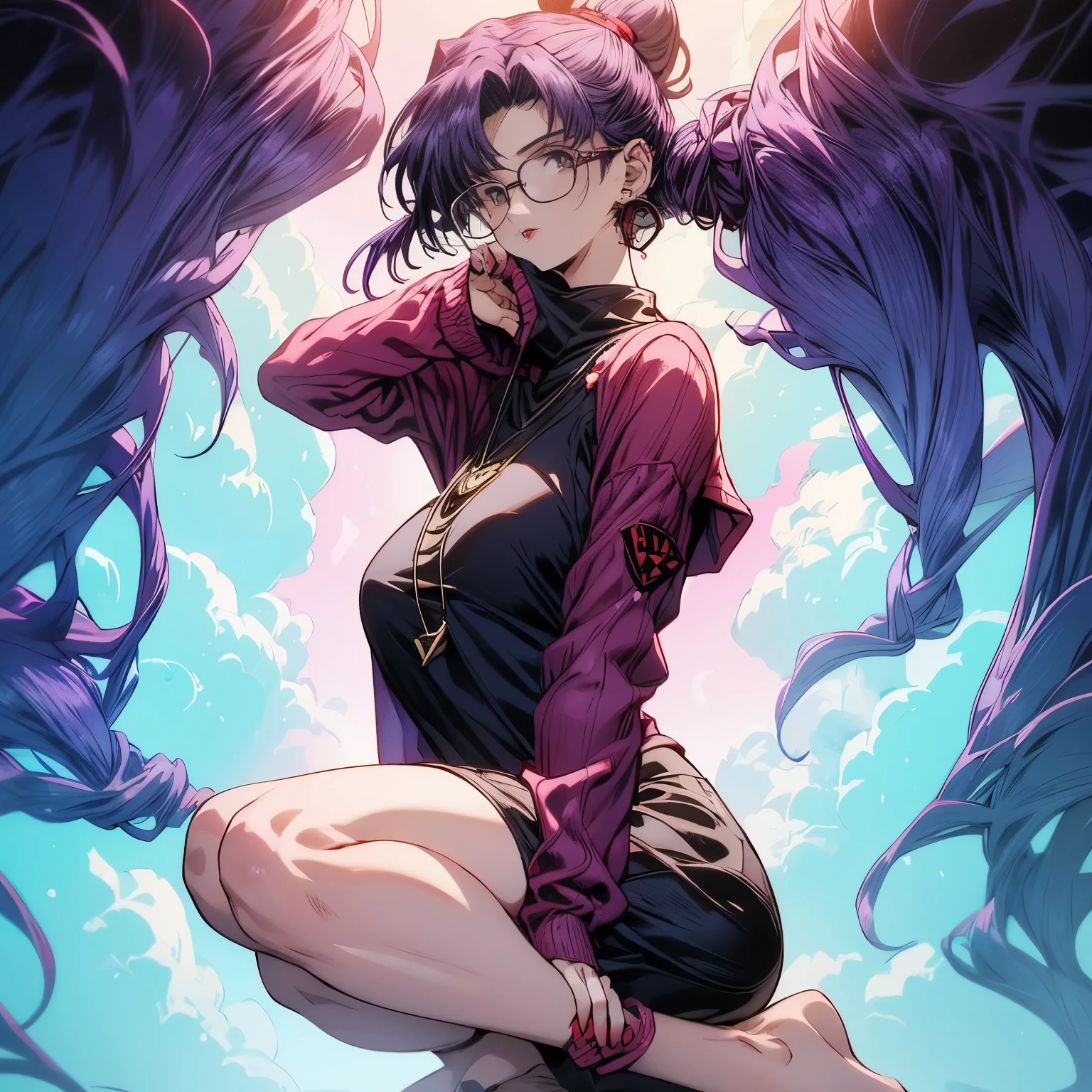 4k, HDR, full HD, Masterpiece, 1girl, (purple hair), perfect anatomy, full body, She wears a long pink sweater, no socks, no shoes, she wears glasses that make her look intellectual, triangle earrings, red lips, hair in a ponytail,