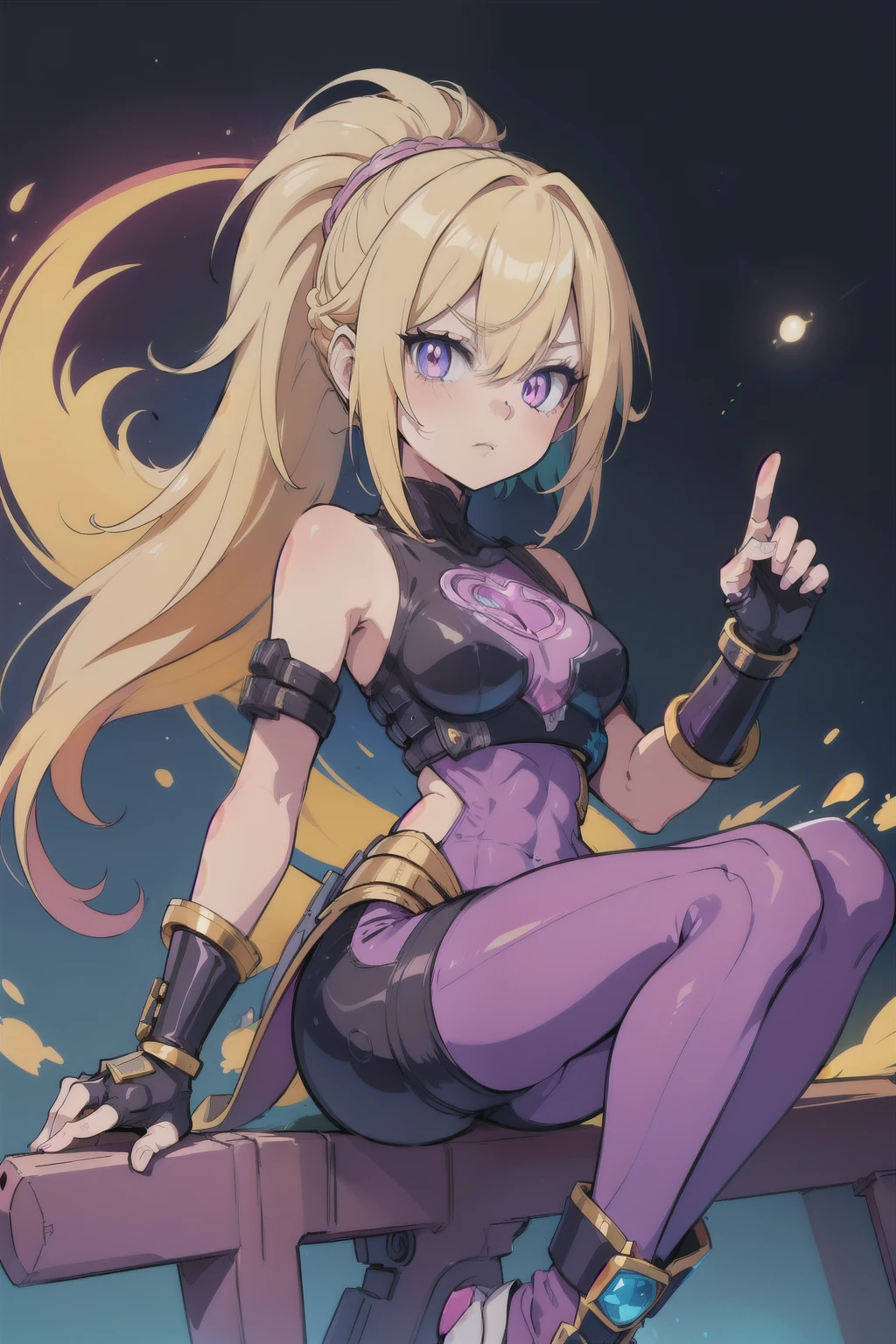girl, blonde,ultra messy hair, ultra colored bangs, multicolored fringe, braids, long ponytail, rogue soft armor, angelical forniture, celestial guardian, purple and pink theme, cute pose, long celestial boots, yoga pants, iron shoulders, short breastplate, fingerless gloves, gold gauntlets, ultra detailed face, long eyelashes, glowing eyes, Muse Dash Rin, lovely, Alta resolução, Obra-prima, Preciso, Melhor qualidade,