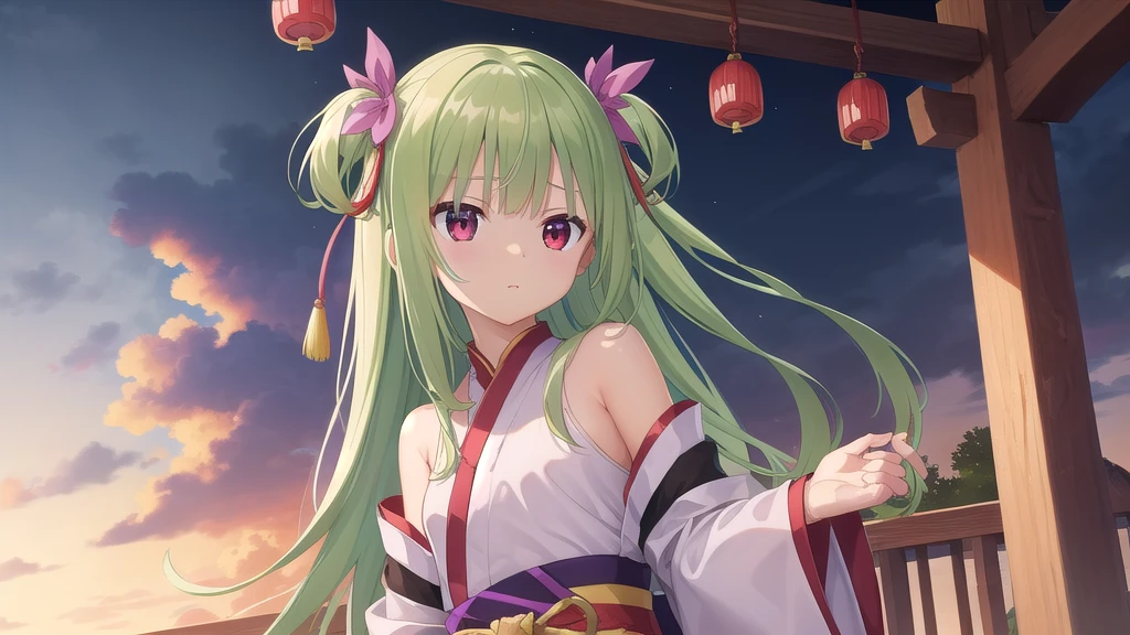 ((masterpiece)),(),Official Art,Extremely detailed CG,Unity 8K Wallpaper,Very detailed,Beautiful and delicate eyes,Very detailed的面部1 名女孩,solitary,,(whole body:1.5),(small:1.3),Murasame,Very long hair,Green Hair,Face up,Purple bow,Hairpin,Sidechain,Bangs,Red Eyes,Neck strap,Red belt,Chinese elegant style，Pink Hanfu with vertical collar and large sleeves ，Jiangnan after the rain，Dawn，The blue sky is waiting for the drizzle