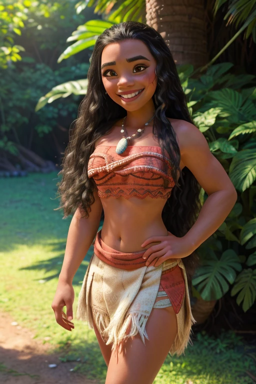 Smiling cheerful Disney's Moana with very long down loose hair down to her hips in the forest 