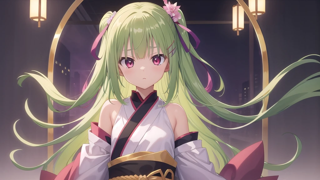 ((masterpiece)),(),Official Art,Extremely detailed CG,Unity 8K Wallpaper,Very detailed,Beautiful and delicate eyes,Very detailed的面部1 名女孩,solitary,,(whole body:1.5),(small:1.3),Murasame,Very long hair,Green Hair,Face up,Purple bow,Hairpin,Sidechain,Bangs,Red Eyes,Neck strap,Red belt,Chinese elegant style，Pink Hanfu with vertical collar and large sleeves ，