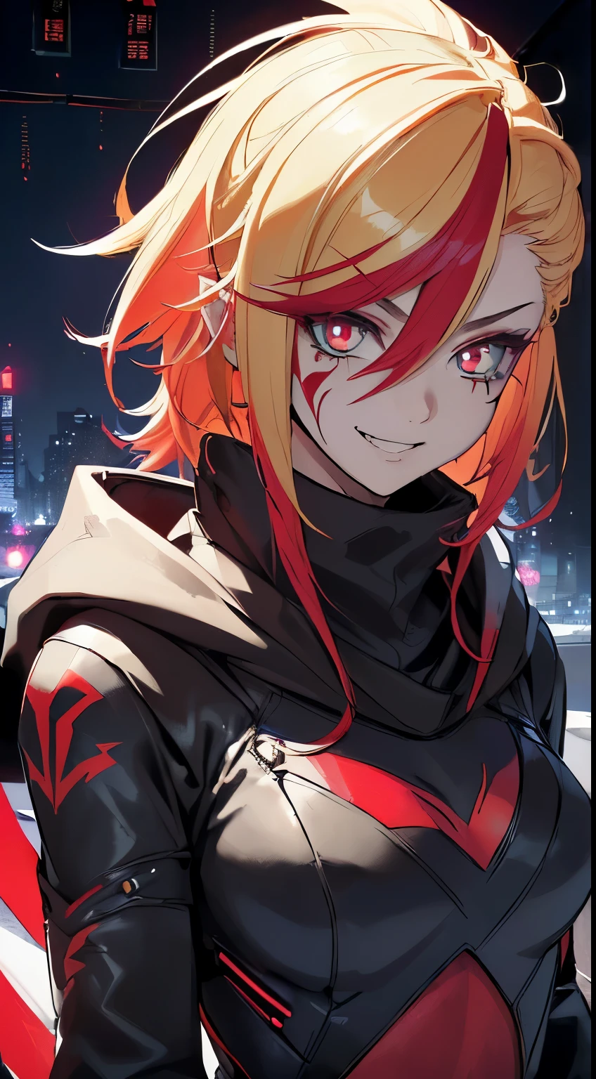 top-quality、Top image quality、masterpiece、evil girl with((18year old、Red, black and blue glowing cyber suit, falda corta, blonde hair streaked with red, black and blues hihlights, mystical,、Shining Cyber White Hoodie、Best Bust、Bust 90、Blonde Away Tail、Red Eyes、Valley、A slender、 insane smile、Red Face tattoo Paint、Black scarf、Reflecting the whole body、Slouch action))hiquality、Beautiful Art、Background with((nightcity、cyberpunked、nightclubasutepiece、Elaborate design、visualart、