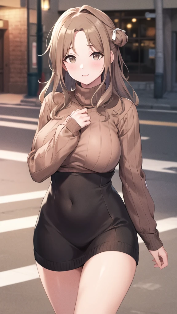 masterpiece, best quality, highres, hmhinana, long hair, single side bun, hair ribbon, cowboy shot, walking, street, turtleneck, virgin killer sweater, ribbed sweater, long sleeves,