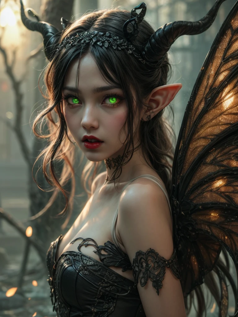 Black hair, green glowing eyes, pale cream ivory skin, black wings, 4 black horns, red lips, black dress, elf ears