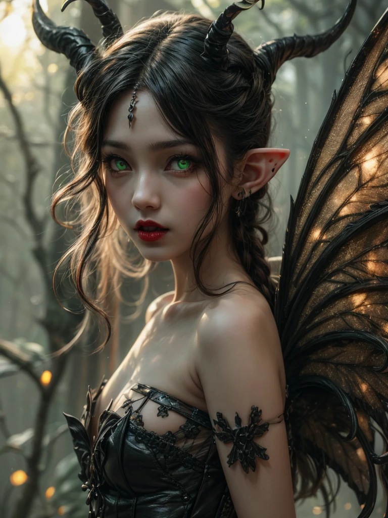 Black hair, green glowing eyes, pale cream ivory skin, black wings, 4 black horns, red lips, black dress, elf ears