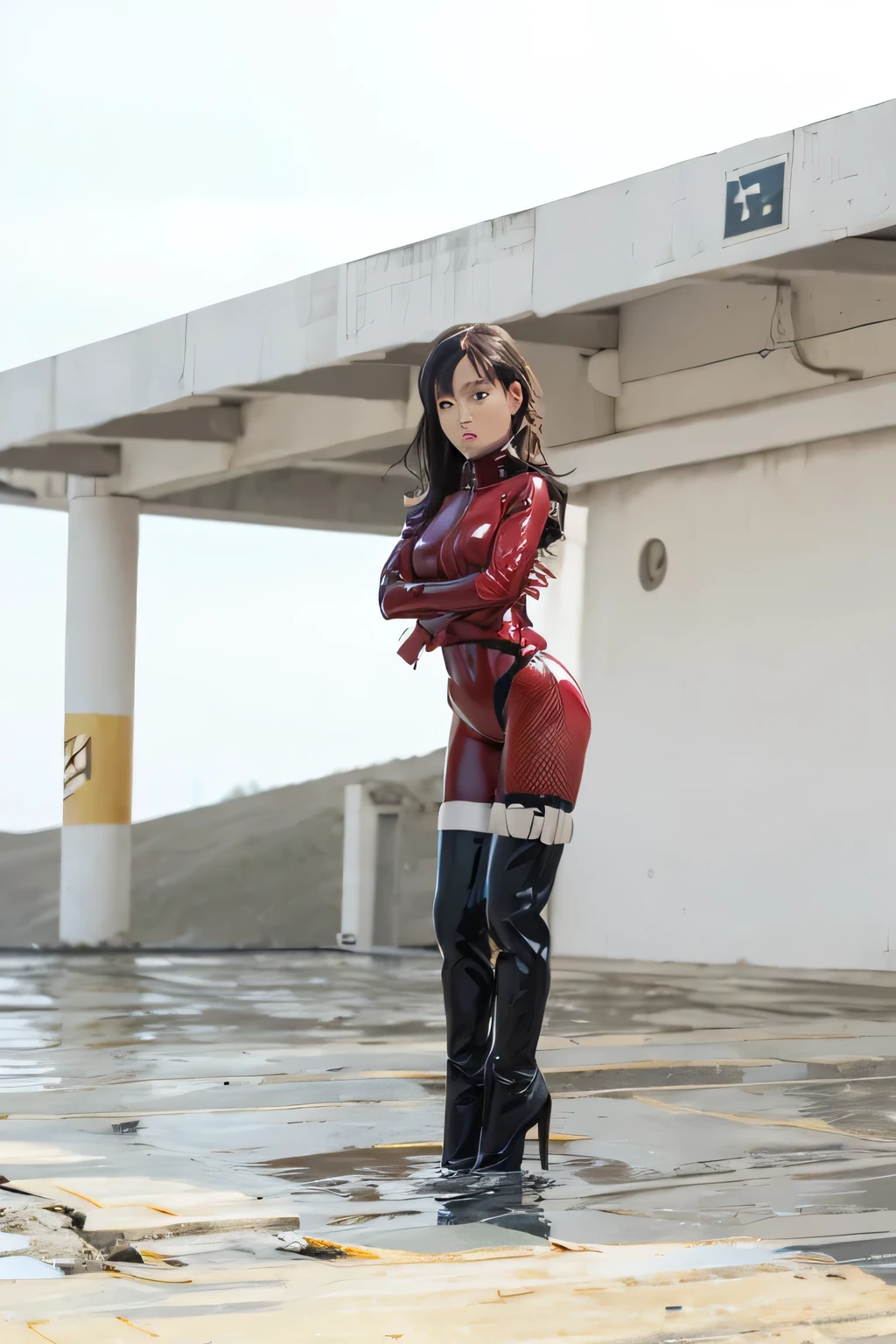 1girl, latex catsuit, folded arms, fidden hands, hidden fingers, harness bondage, straps {belt}, ballet heels