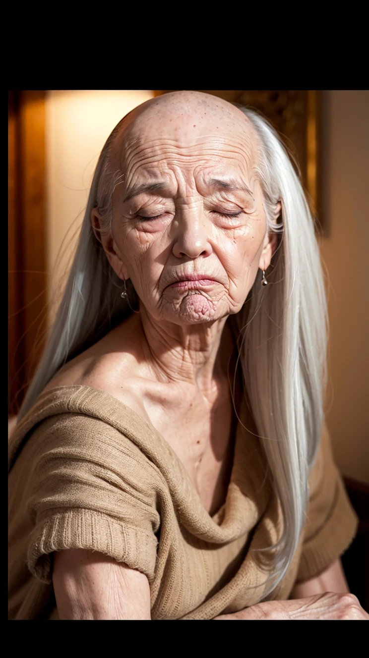 a very old woman with an extremely wrinkly face, very dry skin, heavy makeup, kissable lips, unconscious expression, drooping neck,  loose mouth, baldness and thinning,  white hair,  
