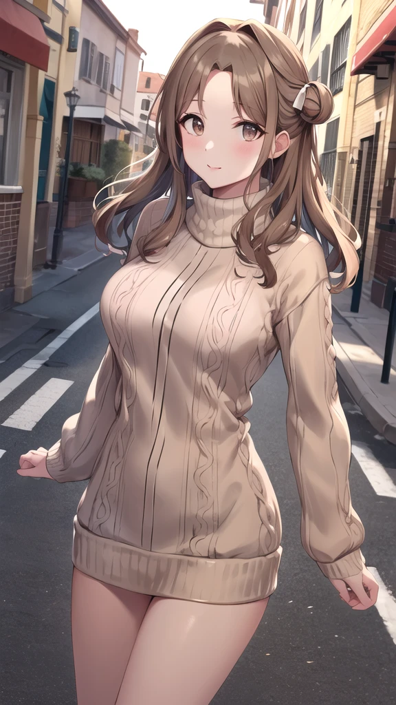 masterpiece, best quality, highres, hmhinana, long hair, single side bun, hair ribbon, cowboy shot, walking, street, turtleneck, virgin killer sweater, ribbed sweater, long sleeves,