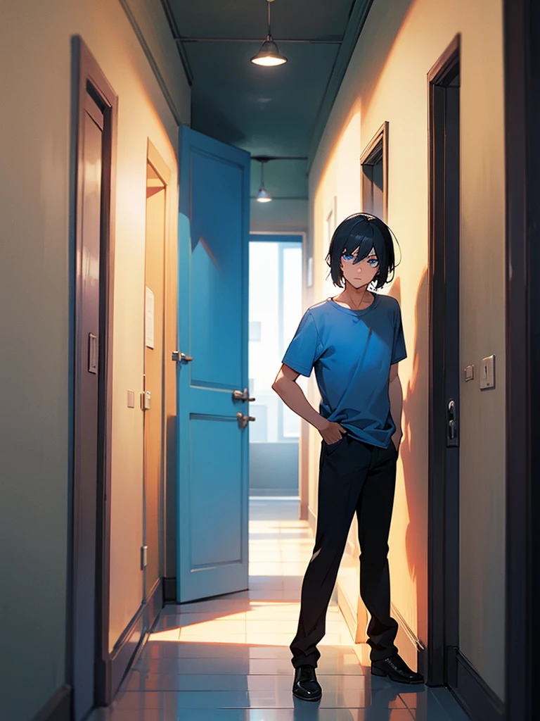 Masterpiece, hd, best quality, 1boy, , black hair, streaked hair, highschool boy, cute boy,sad, blush, embarassed, opened mouth, wearing white collared shirt, short sleeves, blue neck tie, blue trousers, wearing brown shoes, standing, fullbody, indoor, standing, standing in front of door, aluminium door, holding crotch