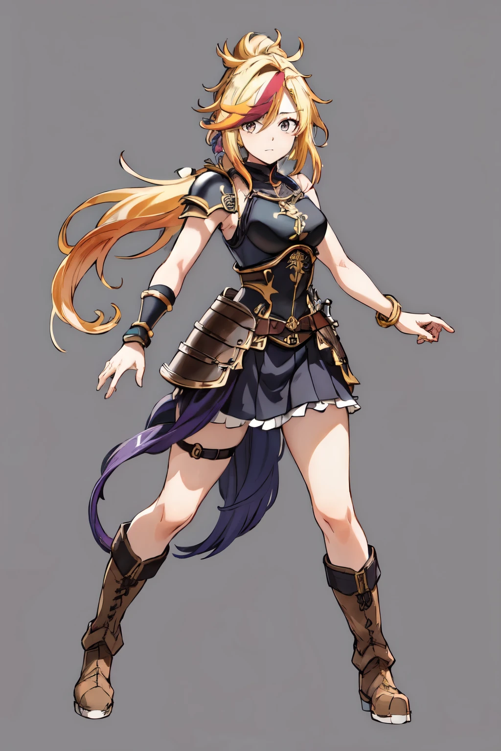 1 , Cabelo comprido, ultra long multicolored Franja, gorgeous, Cabelo loiro, long messy ponytail, shouder piece of armor, left bracelet, Short breastplate, long iron boots, cute pose, Alta resolução, Obra-prima, Melhor qualidade, simple background 