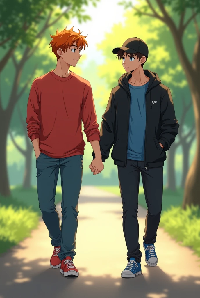 A boy named Theo with white skin, beautiful brown eyes, short wolf cut hair and a small scar near his jaw., with clothes in the style of y2k style clothes shein walking holding hands with her boyfriend hugo in a park theo was short average 157 while his partner who was also a much taller boy of 180 than him was white skin color with dark brown eyes and short wavy hair theo the other boy had a large t-shirt and baggy pants