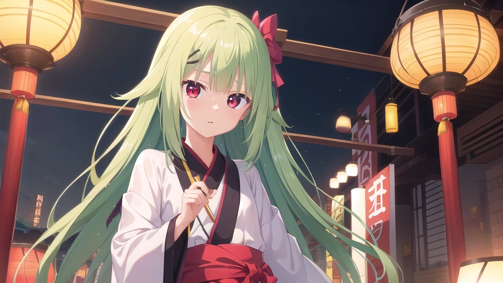 ((masterpiece)),(Best quality),Official Art,Extremely detailed CG,Unity 8k wallpaper,Very detailed,Beautiful and delicate eyes,Extremely detailed face,1 girl,solitary,,(whole body:1.5),(small:1.3),Murasame,Very long hair,Green Hair,Face Up,Purple bow,hairpin,Sidechain,Bangs,Red Eyes,Neck strap,Red belt,Chinese elegant style，Long-sleeved white hanfu，Strolling in Xi&#39;an, a city that never sleeps，Thousands of years of culture, ancient and modern feelings。
Neon Colorful People Sigh，Calligraphy, fragrance, drums and music。