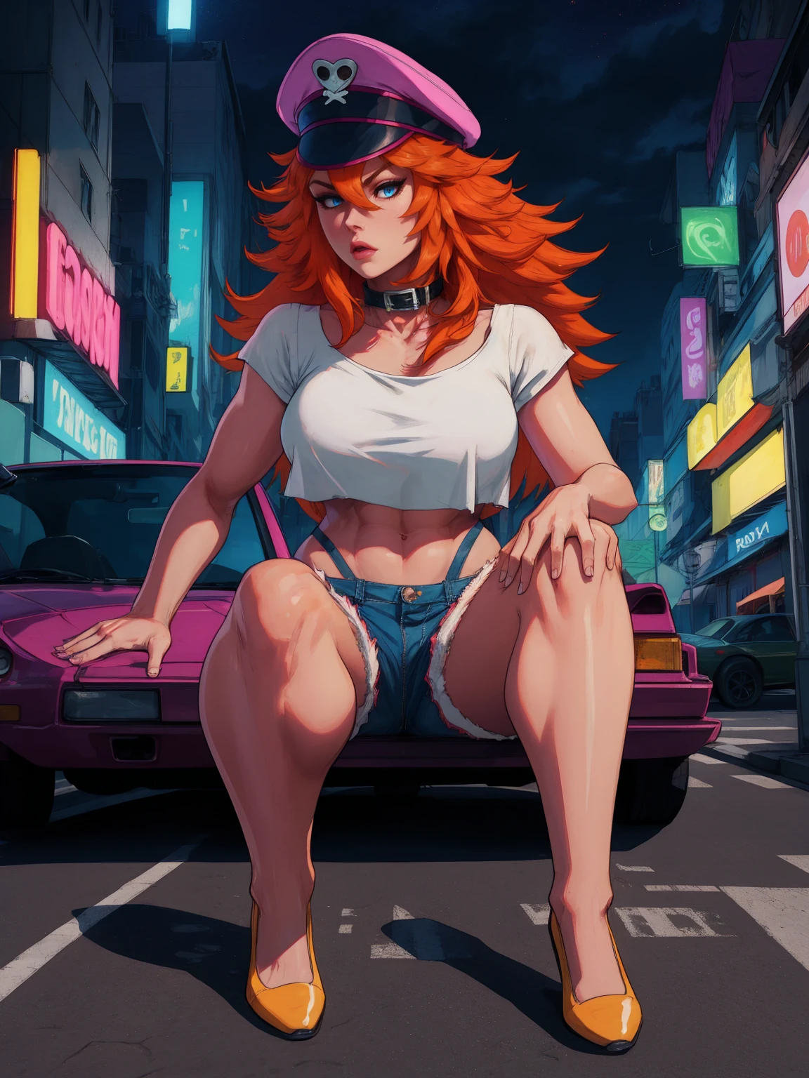 roxy,orange hair,blue eyes,long hair,white crop top,collar,short shorts, peaked cap, upper body,walking, nice shoes,looking at viewer, night,neon lights,streets, (insanely detailed, masterpiece, best quality),solo, sitting on car